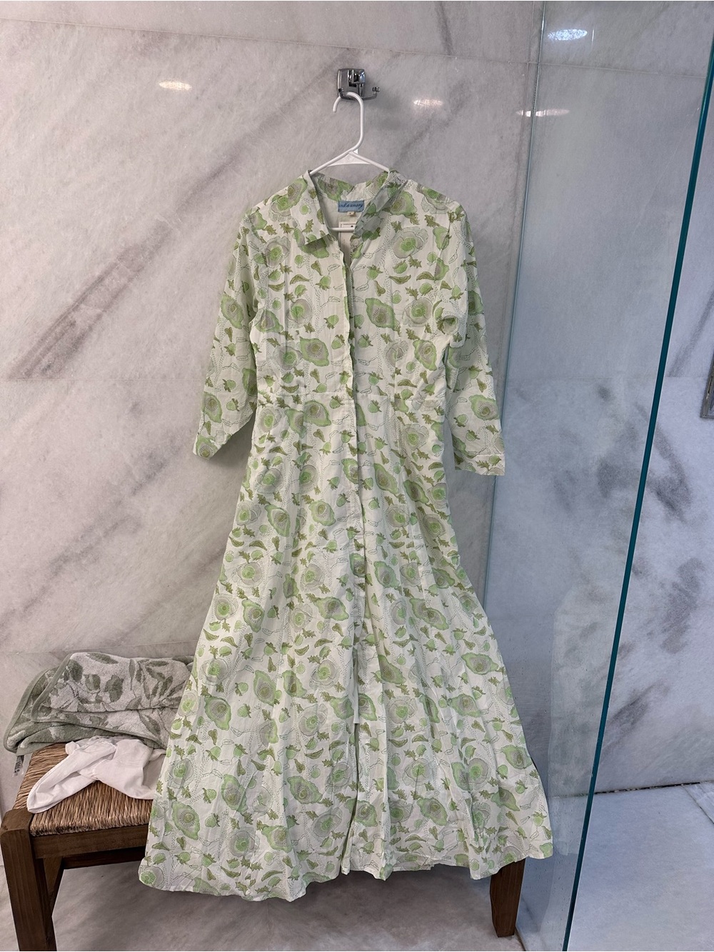 Green Floral Maxi Button-Front Dress with Collar